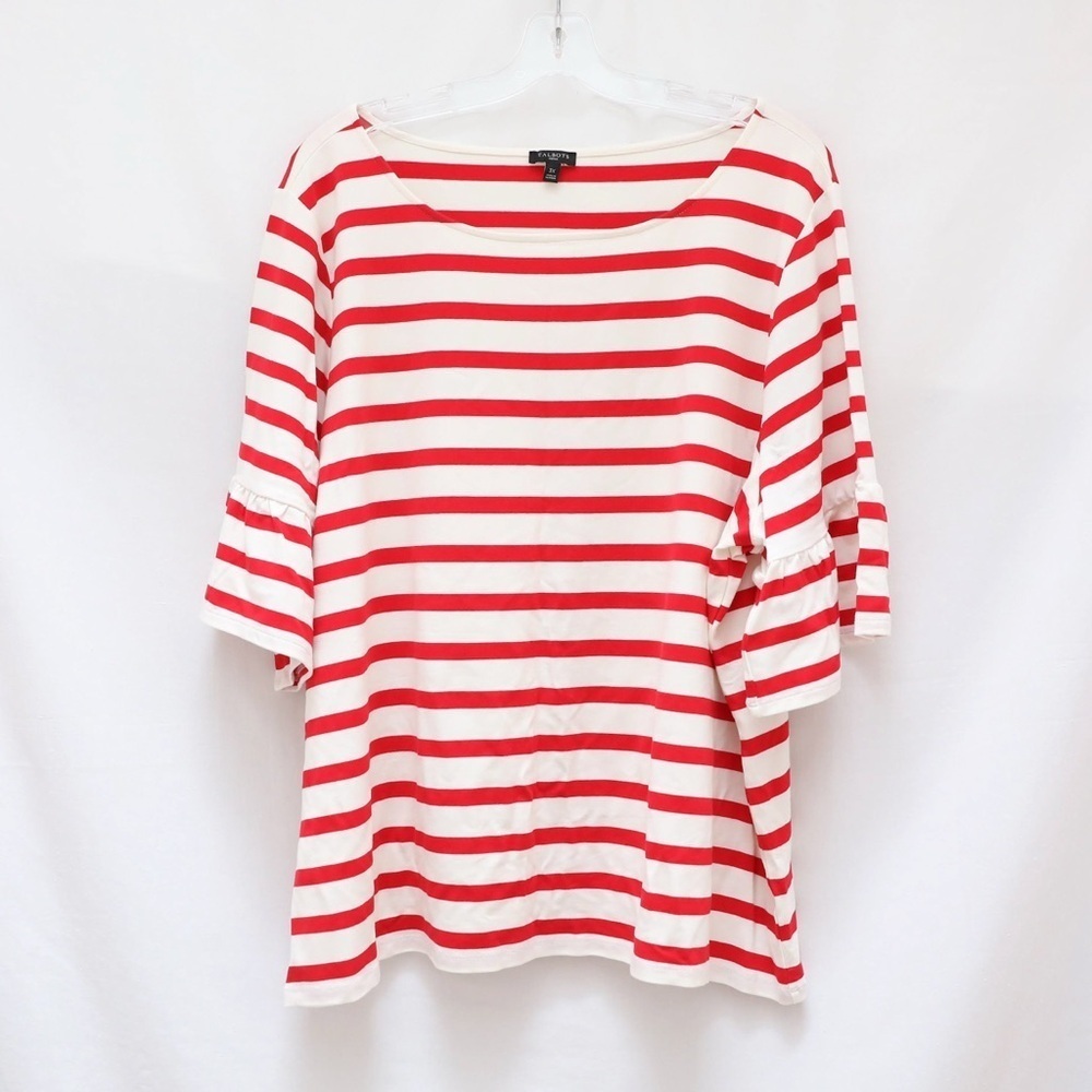 NWOT Talbots Striped Tee red white top 3X plus size new bell sleeve ruched - Picture 1 of 5